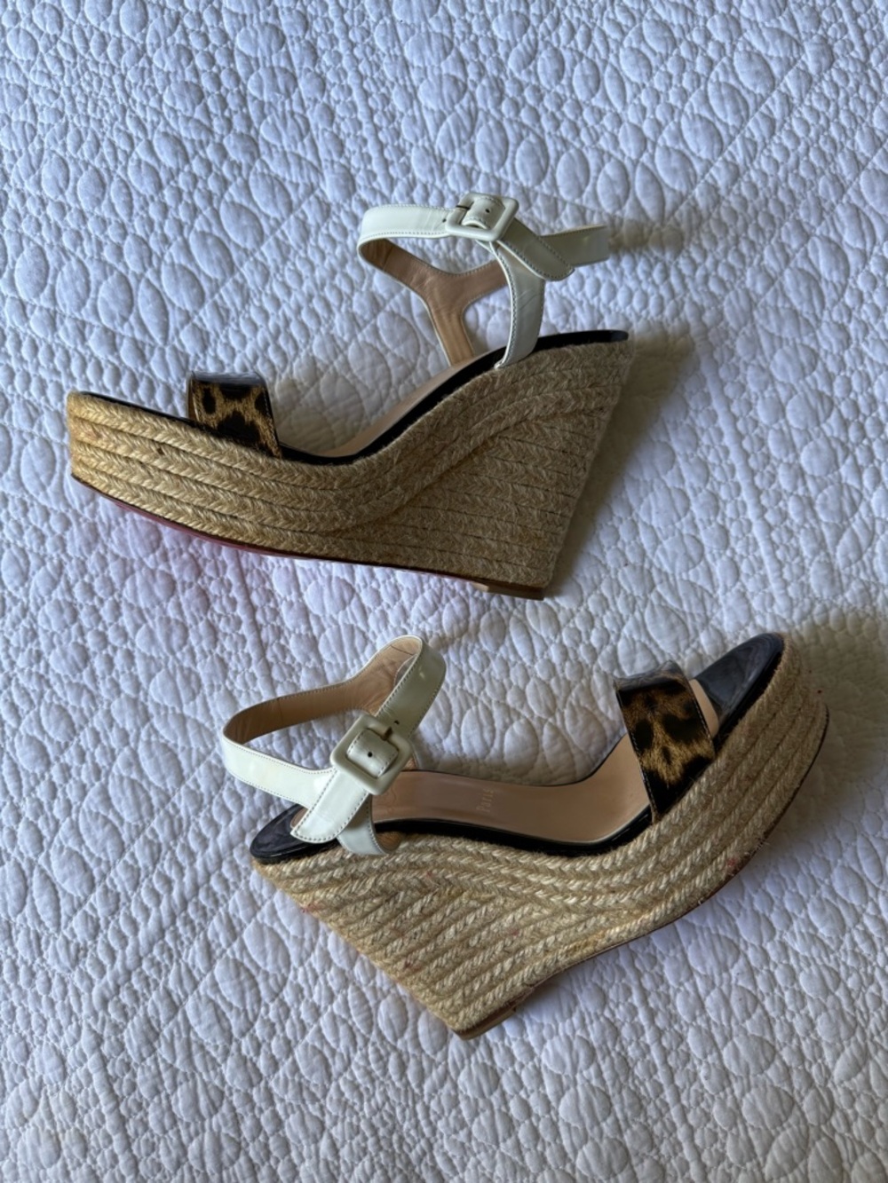 Christian Louboutin White Leather and Leopard Espadrille Wedge Sandals - Picture 6 of 9